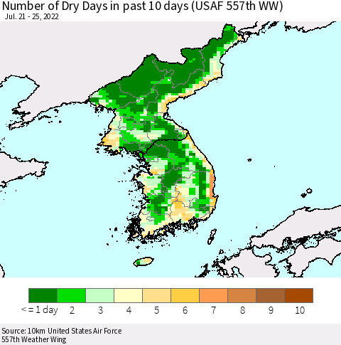 Korea Number of Dry Days in past 10 days (USAF 557th WW) Thematic Map For 7/21/2022 - 7/25/2022