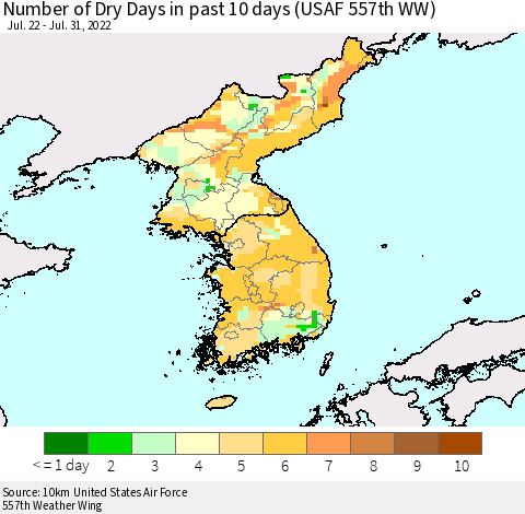 Korea Number of Dry Days in past 10 days (USAF 557th WW) Thematic Map For 7/26/2022 - 7/31/2022