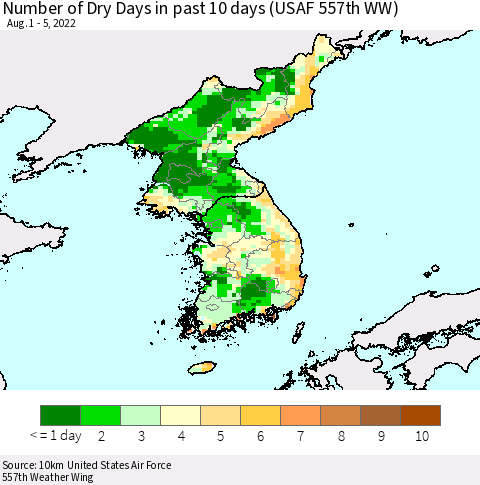 Korea Number of Dry Days in past 10 days (USAF 557th WW) Thematic Map For 8/1/2022 - 8/5/2022