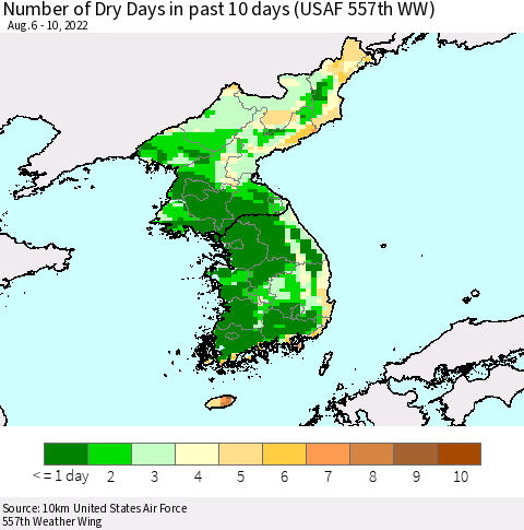 Korea Number of Dry Days in past 10 days (USAF 557th WW) Thematic Map For 8/6/2022 - 8/10/2022