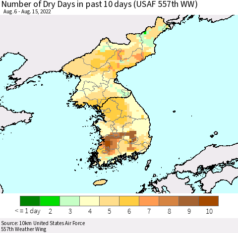 Korea Number of Dry Days in past 10 days (USAF 557th WW) Thematic Map For 8/11/2022 - 8/15/2022