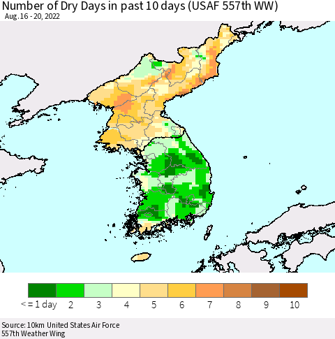 Korea Number of Dry Days in past 10 days (USAF 557th WW) Thematic Map For 8/16/2022 - 8/20/2022