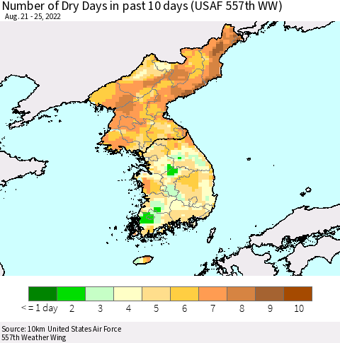 Korea Number of Dry Days in past 10 days (USAF 557th WW) Thematic Map For 8/21/2022 - 8/25/2022