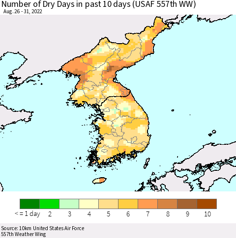 Korea Number of Dry Days in past 10 days (USAF 557th WW) Thematic Map For 8/26/2022 - 8/31/2022
