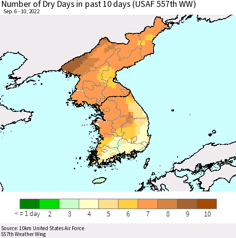 Korea Number of Dry Days in past 10 days (USAF 557th WW) Thematic Map For 9/6/2022 - 9/10/2022