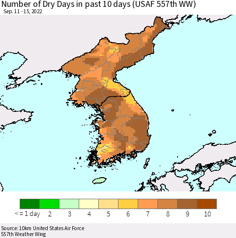 Korea Number of Dry Days in past 10 days (USAF 557th WW) Thematic Map For 9/11/2022 - 9/15/2022