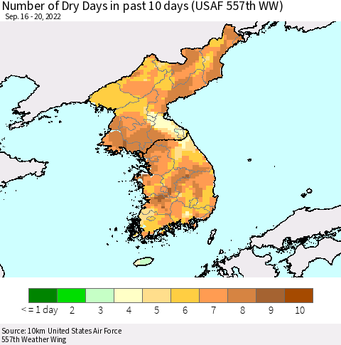 Korea Number of Dry Days in past 10 days (USAF 557th WW) Thematic Map For 9/16/2022 - 9/20/2022