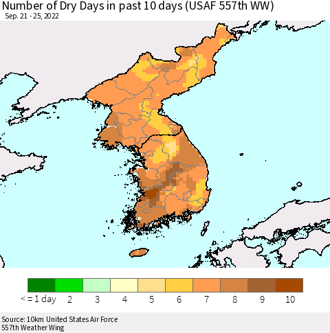 Korea Number of Dry Days in past 10 days (USAF 557th WW) Thematic Map For 9/21/2022 - 9/25/2022