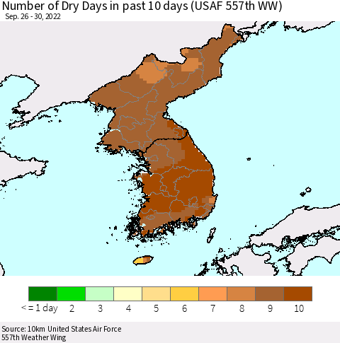 Korea Number of Dry Days in past 10 days (USAF 557th WW) Thematic Map For 9/26/2022 - 9/30/2022