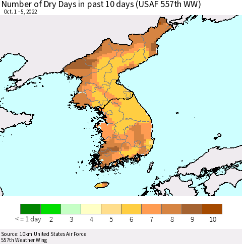 Korea Number of Dry Days in past 10 days (USAF 557th WW) Thematic Map For 10/1/2022 - 10/5/2022