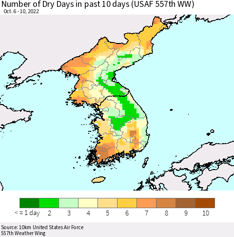 Korea Number of Dry Days in past 10 days (USAF 557th WW) Thematic Map For 10/6/2022 - 10/10/2022