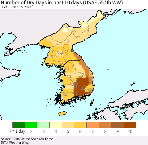 Korea Number of Dry Days in past 10 days (USAF 557th WW) Thematic Map For 10/11/2022 - 10/15/2022