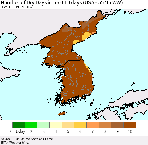 Korea Number of Dry Days in past 10 days (USAF 557th WW) Thematic Map For 10/16/2022 - 10/20/2022