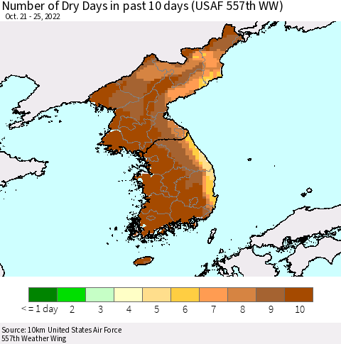 Korea Number of Dry Days in past 10 days (USAF 557th WW) Thematic Map For 10/21/2022 - 10/25/2022