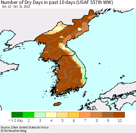 Korea Number of Dry Days in past 10 days (USAF 557th WW) Thematic Map For 10/26/2022 - 10/31/2022