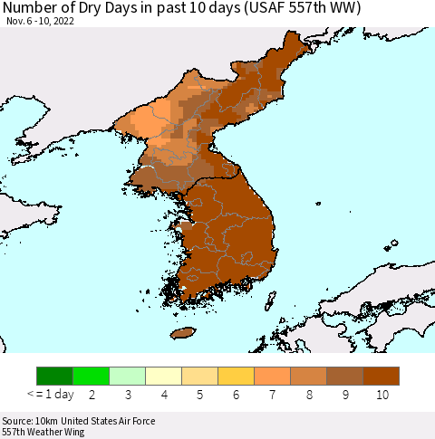 Korea Number of Dry Days in past 10 days (USAF 557th WW) Thematic Map For 11/6/2022 - 11/10/2022