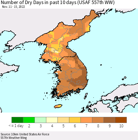 Korea Number of Dry Days in past 10 days (USAF 557th WW) Thematic Map For 11/11/2022 - 11/15/2022