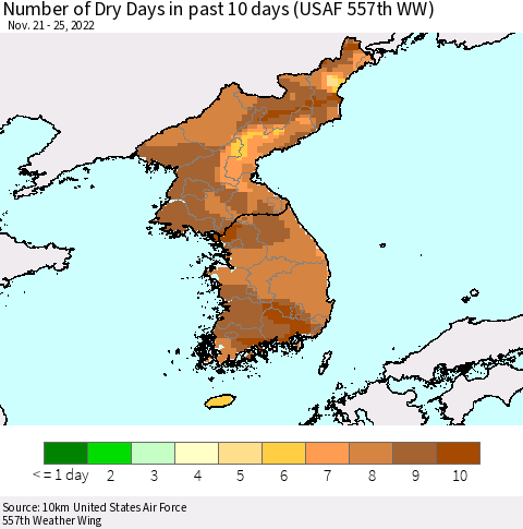 Korea Number of Dry Days in past 10 days (USAF 557th WW) Thematic Map For 11/21/2022 - 11/25/2022