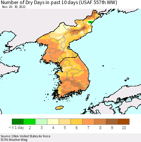 Korea Number of Dry Days in past 10 days (USAF 557th WW) Thematic Map For 11/26/2022 - 11/30/2022