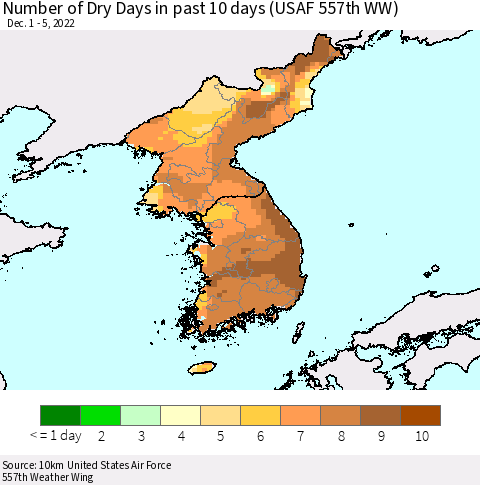 Korea Number of Dry Days in past 10 days (USAF 557th WW) Thematic Map For 12/1/2022 - 12/5/2022