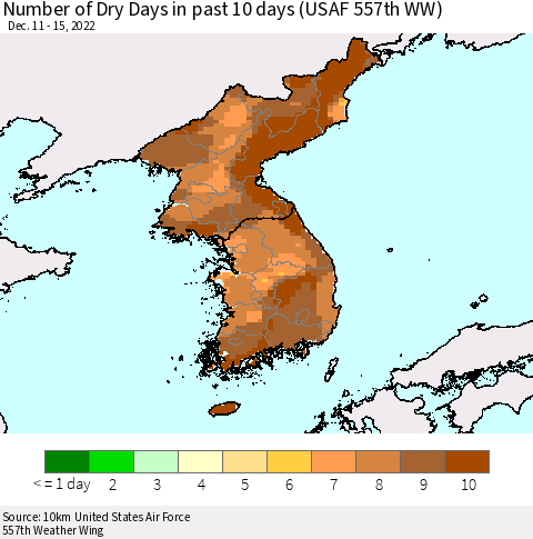 Korea Number of Dry Days in past 10 days (USAF 557th WW) Thematic Map For 12/11/2022 - 12/15/2022