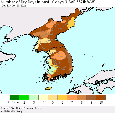 Korea Number of Dry Days in past 10 days (USAF 557th WW) Thematic Map For 12/16/2022 - 12/20/2022