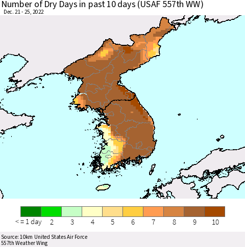 Korea Number of Dry Days in past 10 days (USAF 557th WW) Thematic Map For 12/21/2022 - 12/25/2022