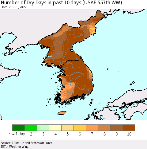 Korea Number of Dry Days in past 10 days (USAF 557th WW) Thematic Map For 12/26/2022 - 12/31/2022