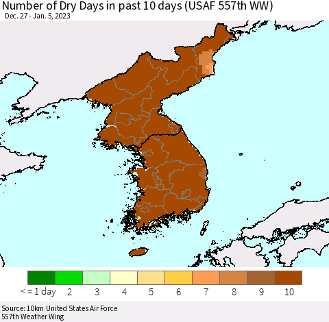 Korea Number of Dry Days in past 10 days (USAF 557th WW) Thematic Map For 1/1/2023 - 1/5/2023