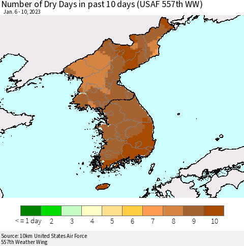 Korea Number of Dry Days in past 10 days (USAF 557th WW) Thematic Map For 1/6/2023 - 1/10/2023
