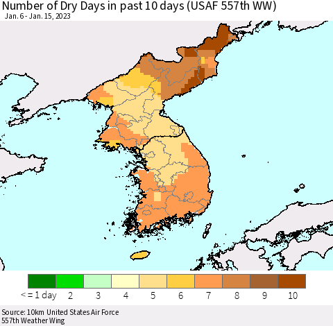 Korea Number of Dry Days in past 10 days (USAF 557th WW) Thematic Map For 1/11/2023 - 1/15/2023