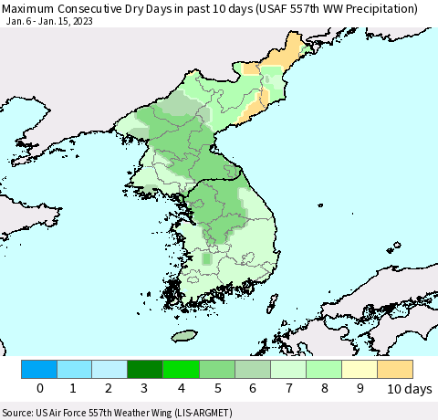 Korea Number of Dry Days in past 10 days (USAF 557th WW) Thematic Map For 1/11/2023 - 1/15/2023