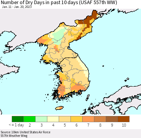 Korea Number of Dry Days in past 10 days (USAF 557th WW) Thematic Map For 1/16/2023 - 1/20/2023
