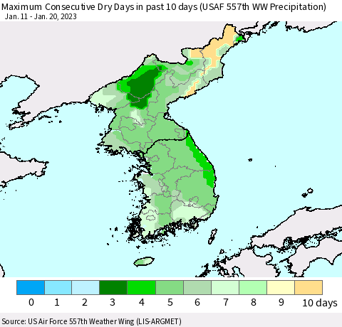 Korea Maximum Consecutive Dry Days in past 10 days (USAF 557th WW Precipitation) Thematic Map For 1/16/2023 - 1/20/2023