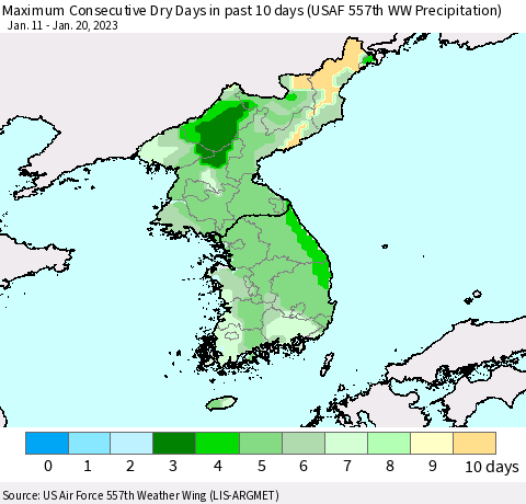 Korea Number of Dry Days in past 10 days (USAF 557th WW) Thematic Map For 1/16/2023 - 1/20/2023