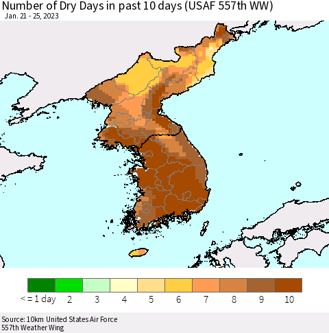 Korea Number of Dry Days in past 10 days (USAF 557th WW) Thematic Map For 1/21/2023 - 1/25/2023