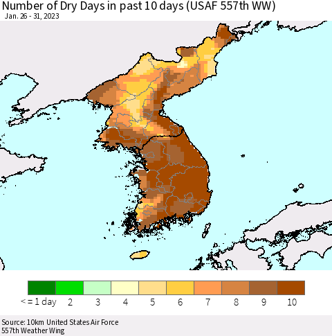 Korea Number of Dry Days in past 10 days (USAF 557th WW) Thematic Map For 1/26/2023 - 1/31/2023
