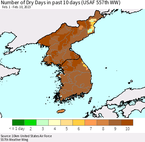 Korea Number of Dry Days in past 10 days (USAF 557th WW) Thematic Map For 2/6/2023 - 2/10/2023