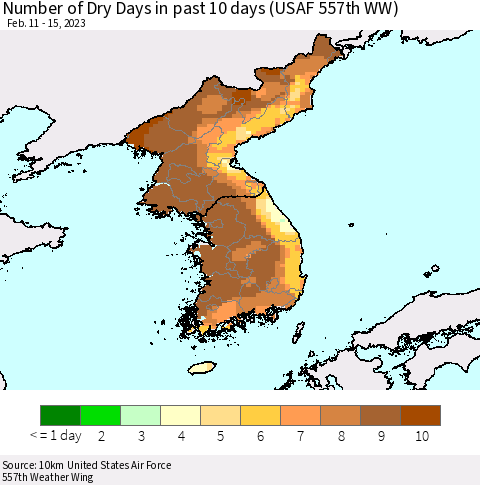 Korea Number of Dry Days in past 10 days (USAF 557th WW) Thematic Map For 2/11/2023 - 2/15/2023