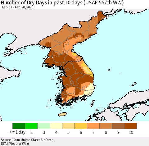 Korea Number of Dry Days in past 10 days (USAF 557th WW) Thematic Map For 2/16/2023 - 2/20/2023