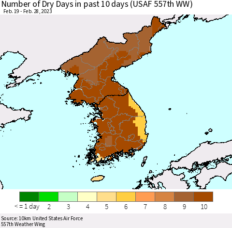 Korea Number of Dry Days in past 10 days (USAF 557th WW) Thematic Map For 2/26/2023 - 2/28/2023