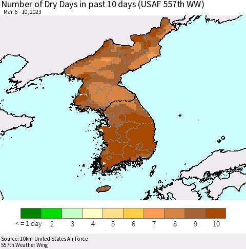Korea Number of Dry Days in past 10 days (USAF 557th WW) Thematic Map For 3/6/2023 - 3/10/2023