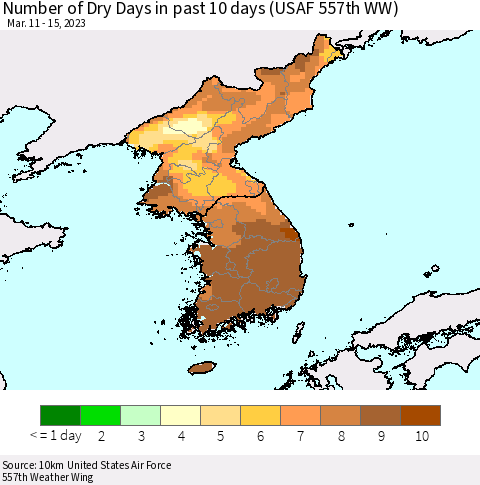 Korea Number of Dry Days in past 10 days (USAF 557th WW) Thematic Map For 3/11/2023 - 3/15/2023