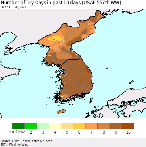 Korea Number of Dry Days in past 10 days (USAF 557th WW) Thematic Map For 3/16/2023 - 3/20/2023