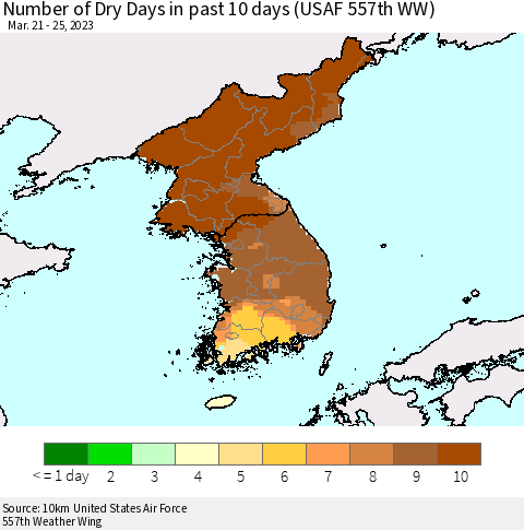 Korea Number of Dry Days in past 10 days (USAF 557th WW) Thematic Map For 3/21/2023 - 3/25/2023