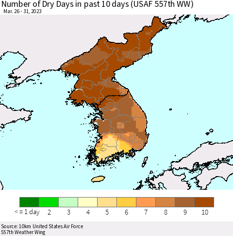 Korea Number of Dry Days in past 10 days (USAF 557th WW) Thematic Map For 3/26/2023 - 3/31/2023