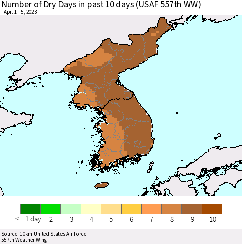 Korea Number of Dry Days in past 10 days (USAF 557th WW) Thematic Map For 4/1/2023 - 4/5/2023