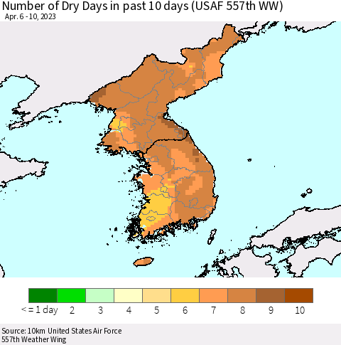 Korea Number of Dry Days in past 10 days (USAF 557th WW) Thematic Map For 4/6/2023 - 4/10/2023
