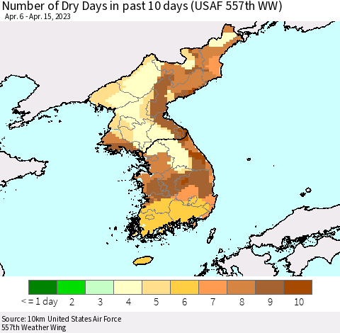 Korea Number of Dry Days in past 10 days (USAF 557th WW) Thematic Map For 4/11/2023 - 4/15/2023