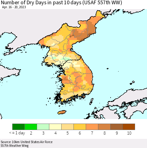 Korea Number of Dry Days in past 10 days (USAF 557th WW) Thematic Map For 4/16/2023 - 4/20/2023